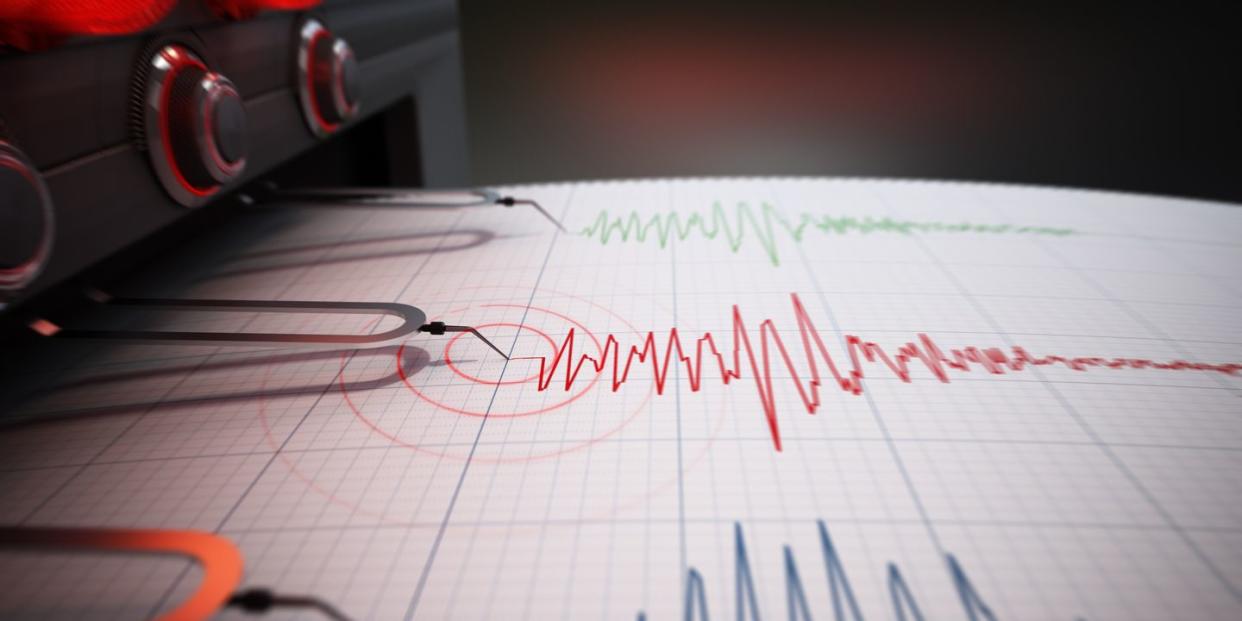 seismograph printing seismic activity records of a severe earthquake