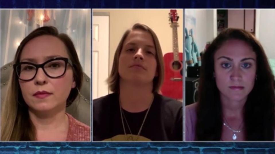 Erika Crisp, Kat Layton y Dara Sweatt, tres de las 19 personas que fueron juntas a una fiesta en un bar de Florida y se contagiaron todas de Covid-19. (Captura de video / CNN)