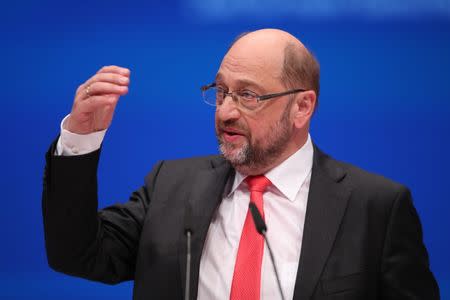 German Chancellor candidate Martin Schulz of the Social Democratic party (SPD) delivers his speech at the party convention in Dortmund, Germany, June 25, 2017. REUTERS/Wolfgang Rattay