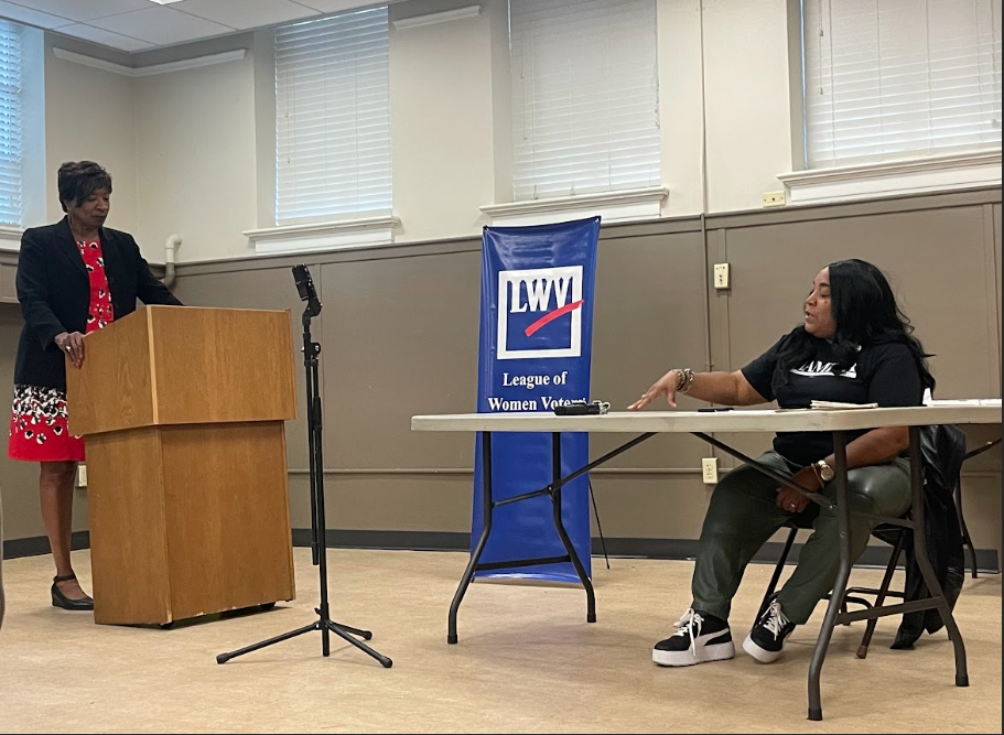 Louisville Metro Council candidate Shameka Parrish-Wright answers questions from moderator Geneva Stark at the Shawnee Library.