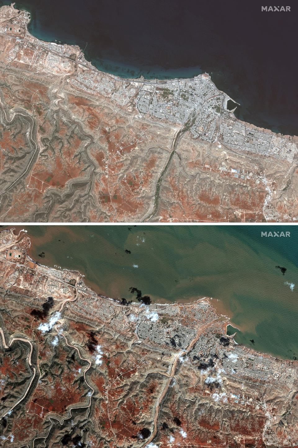 This combination of satellite images from Maxar Technologies shows a port area of Derna, Libya, on July 1, 2023, top, and the same flood damaged area on Wednesday, Sept. 13, 2023. The destruction came to Derna and other parts of eastern Libya on Sunday night, Sept. 10, 2023. As the storm pounded the coast, Derna residents said they heard loud explosions and realized that dams outside the city had collapsed. Flash floods were unleashed down Wadi Derna, a river running from the mountains through the city and into the sea. (Satellite image ©2023 Maxar Technologies via AP)