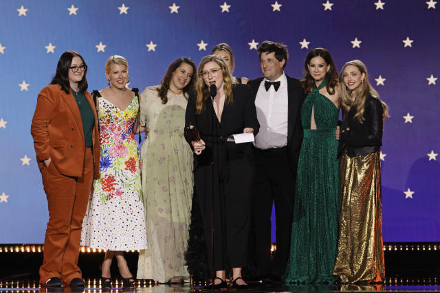 LOS ANGELES, CALIFORNIA - JANUARY 15: (L-R) Liz Hannah, Victoria Thompson, Jordana Mollick, Elizabeth Meriwether, Michael Showalter, Rebecca Jarvis, and Amanda Seyfried accept the Best Limited Series award for &#x00201c;The Dropout&#x00201d; onstage during the 28th Annual Critics Choice Awards  at Fairmont Century Plaza on January 15, 2023 in Los Angeles, California. (Photo by Kevin Winter/Getty Images for Critics Choice Association)