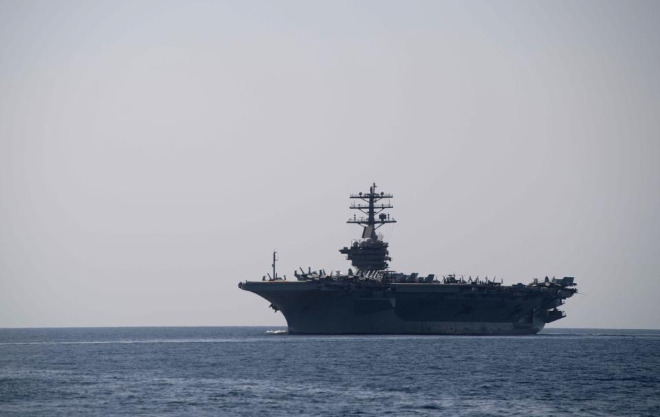 The aircraft carrier USS Nimitz transits the Strait of Hormuz in September 2020. Pentagon spokesman John Kirby said in February 2021, the Nimitz group had sailed from the US military's Central Command in the Middle East to the Indo-Pacific Command region. Kirby did not confirm reports the Nimitz was headed back to the US after some nine months at sea.