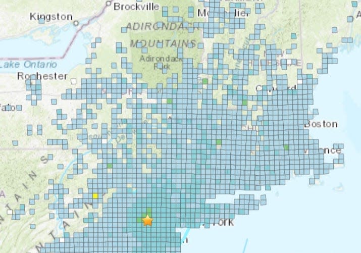 An earthquake was recorded by the United States Geological Survey Friday morning. The star shows the location of the earthquake. The blue squares show the intensity on a Did You Feel It? scale from the Survey.