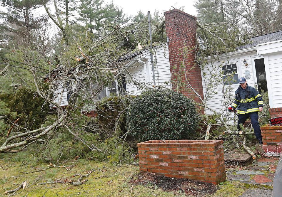 The Sardini residence on Oak Street in Marshfield was heavily damaged by a large pine tree that fell during a storm Monday, Dec. 18, 2023. Owners Tony and Kathleen escaped injury.