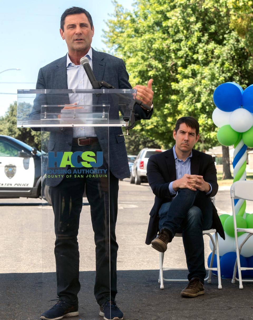 San Joaquin County supervisor Tom Patti speaks at the E-Carshare preview event at Conway Homes in south Stockton on Thursday, August, 25, 2022. 
