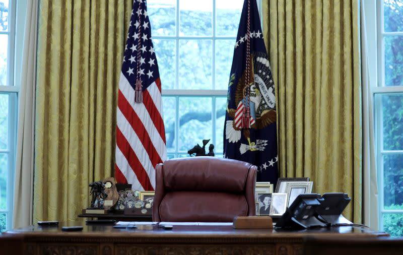 The Resolute Desk is seen before interview of U.S. President Trump by Reuters in the Oval Office of the White House in Washington