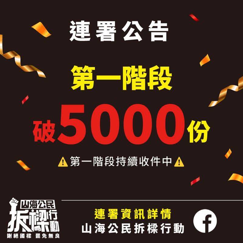 民團15日宣布，第一階收到的連署書已破5000份。（圖／翻攝自「山海公民拆樑行動」粉專）