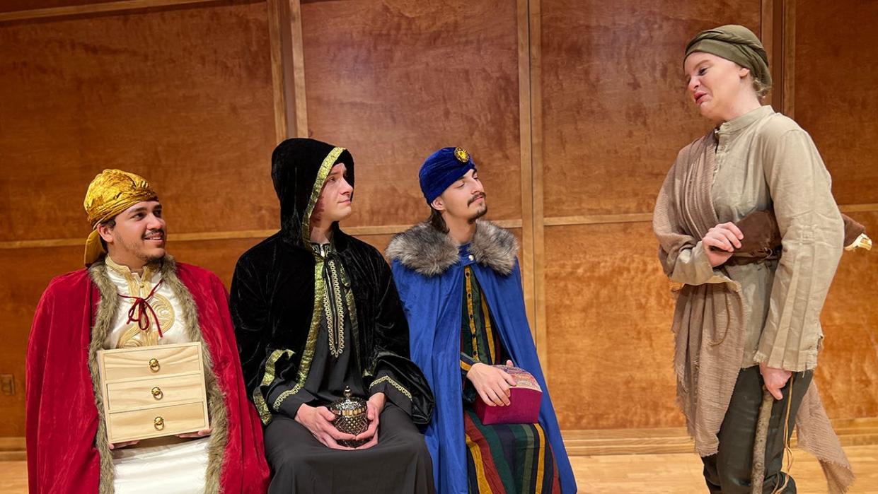 Cast members of WT Opera's "Amahl and the Night Visitors" include, from left, Julian Ayala as King Kaspar, Oscar Hample as King Balthazar, Kelton Harbison as King Melchior, and Sarah Estes as Amahl. The holiday opera will be performed Nov. 30 and Dec. 1.