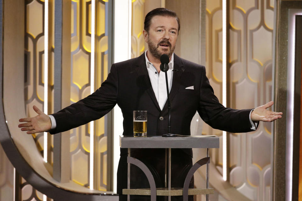 BEVERLY HILLS, CA - JANUARY 10: In this handout photo provided by NBCUniversal, Host Ricky Gervais speaks onstage during the 73rd Annual Golden Globe Awards at The Beverly Hilton Hotel on January 10, 2016 in Beverly Hills, California.  (Photo by Paul Drinkwater/NBCUniversal via Getty Images)