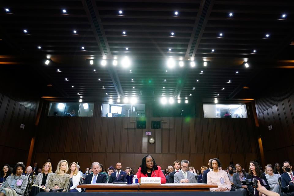 Supreme Court nominee Judge Ketanji Brown Jackson testifies during her Senate Judiciary Committee confirmation hearing on Capitol Hill in Washington, Tuesday, March 22, 2022.