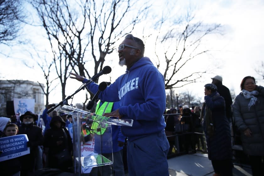 WASHINGTON, DC - FEBRUARY 16: Joseph Geevarghese, Executive Director of Good Jobs Defenders, speaks during a rally "to fight-back against the Republican war on the working class" February 16, 2017 at Upper Senate Park on Capitol Hill in Washington, DC. Activists held a rally to celebrate Andrew Puzder's decision to withdraw from consideration to be secretary of labor and "to hold [President] Trump accountable to the working class." (Photo by Alex Wong/Getty Images)