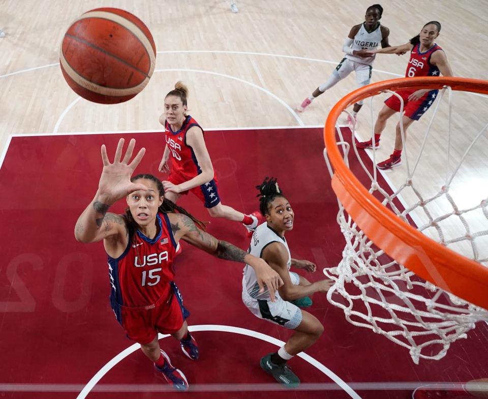 Brittney Griner grabs a rebound against Nigeria.