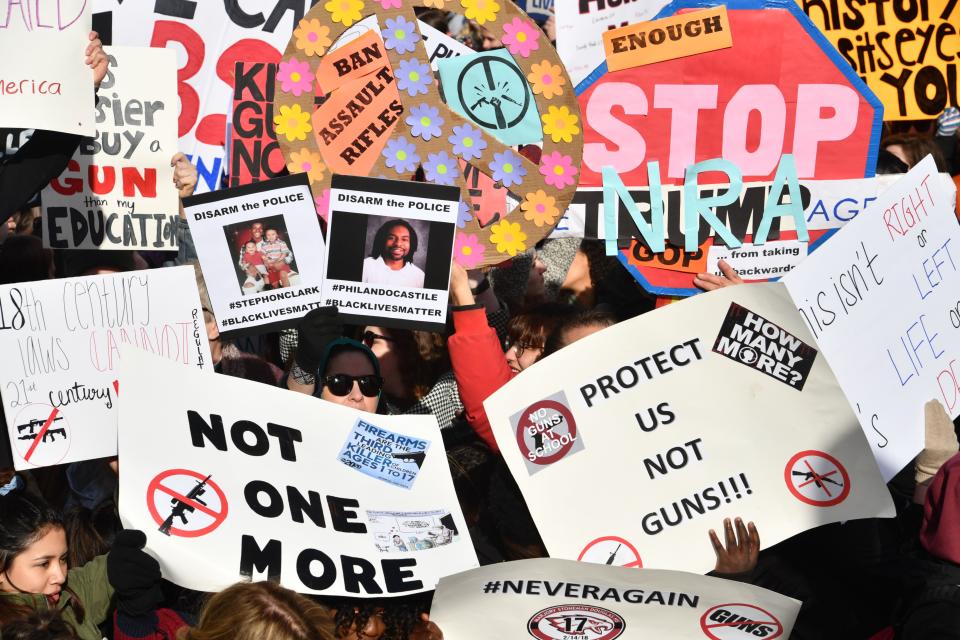 <p>People arrive for the March For Our Lives rally against gun violence in Washington, D.C., on March 24, 2018. Galvanized by a massacre at a Florida high school, hundreds of thousands of Americans are expected to take to the streets in cities across the United States on Saturday in the biggest protest for stricter gun control in a generation. (Photo: Nicholas Kamm/AFP/Getty Images) </p>