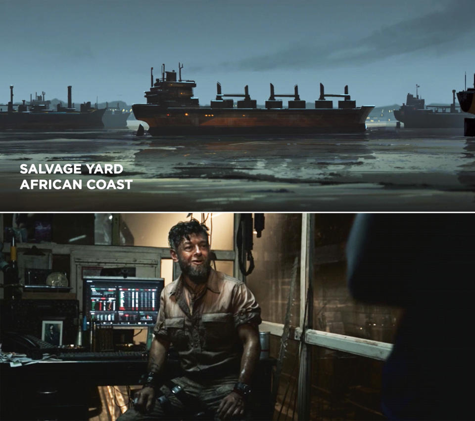 A boat on the water with a lower third reading "Salvage yard. African coast"