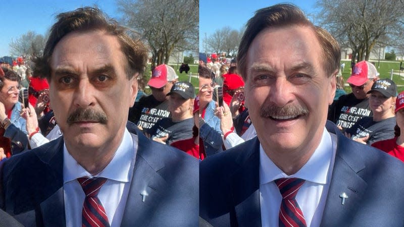 The altered image of Mike Lindell (left) along with the original image of him at a Trump rally in Wisconsin on May 1, 2024.<br> - Image: X