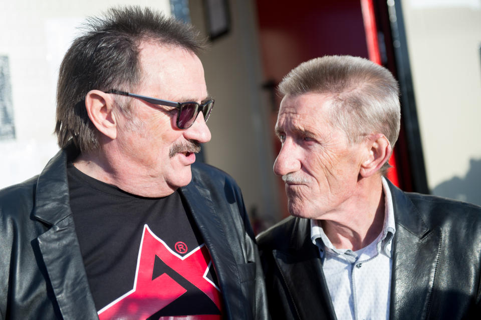 NEWPORT, ISLE OF WIGHT - SEPTEMBER 12:  Paul Chuckle and Barry Chuckle of The Chuckle Brothers backstage during day 3 of Bestival 2015> at Robin Hill Country Park on September 12, 2015 in Newport, Isle of Wight.  (Photo by Ollie Millington/Redferns)