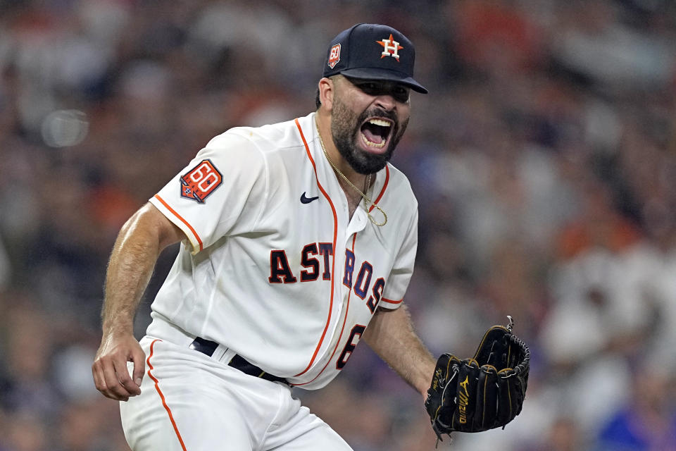 Houston Astros starting pitcher Jose Urquidy reacts after striking out New York Mets' J.D. Davis with the bases loaded to end the top of the fourth inning of a baseball game Tuesday, June 21, 2022, in Houston. (AP Photo/David J. Phillip)
