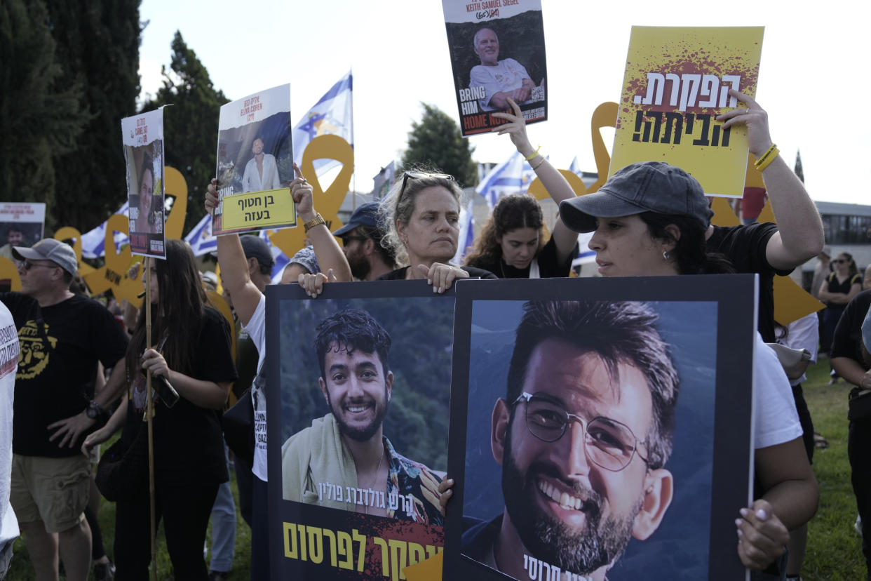 People demonstrate to call for the immediate release of hostages held in the Gaza Strip by the Hamas militant group on Sept. 1. 