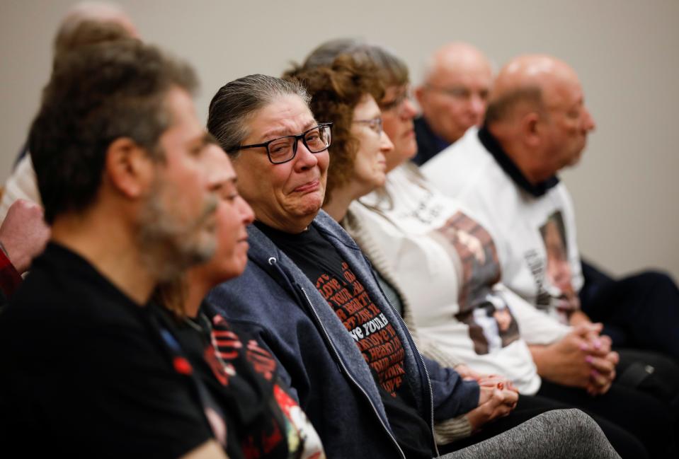 The families of victims during a sentencing hearing for Luis Perez, 27, for the 2018 murders of Steven Marler, Aaron "Joshua" Hampton, and Sabrina Starr and assault of two others. Perez was sentenced to five consecutive life sentences.