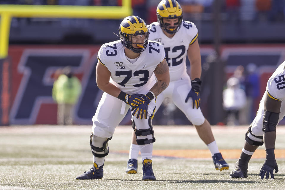 CHAMPAIGN, IL - OCTOBER 12: Jalen Mayfield #73 of the Michigan Wolverines is seen during the game against the Illinois Fighting Illini at Memorial Stadium on October 12, 2019 in Champaign, Illinois. (Photo by Michael Hickey/Getty Images)