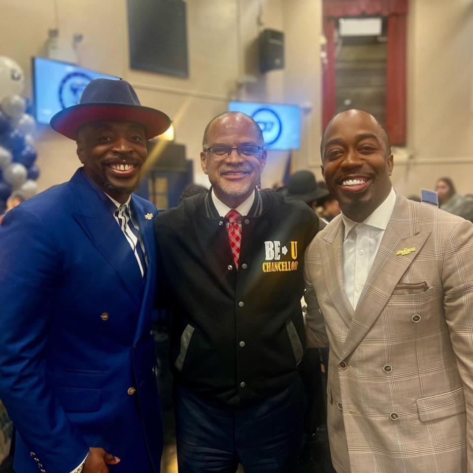 Chancellor David Banks, center, endorses vendors Edward Van Ess, at left, and Ilbert Sanchez instagram @themoderndaymannyc