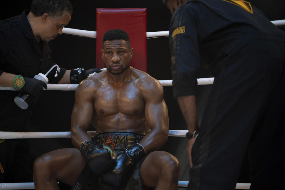 This image released by MGM shows Jonathan Majors in a scene from "Creed III." (Eli Ade/MGM via AP)