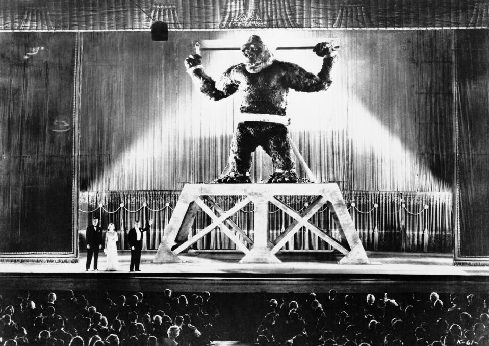 The great ape is brought out in chains for the Broadway audience in 1933's "King Kong."
