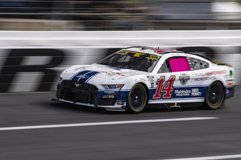 Chase Briscoe (14) competes during a NASCAR Cup Series auto race at Charlotte Motor Speedway, Sunday, Oct. 9, 2022, in Concord, N.C. (AP Photo/Matt Kelley)