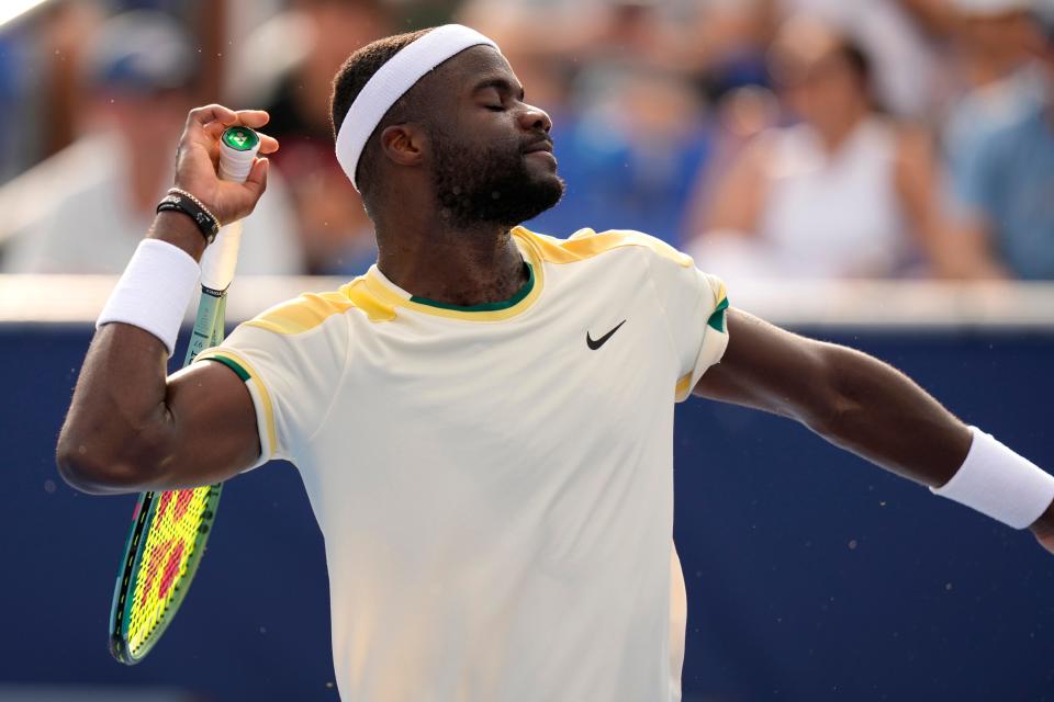 Frances Tiafoe reacts after losing a game to Tommy Paul in the second set during a semifinal match at the Delray Beach Open tennis tournament, Saturday, Feb. 17, 2024, in Delray Beach, Fla. (AP Photo/Lynne Sladky)