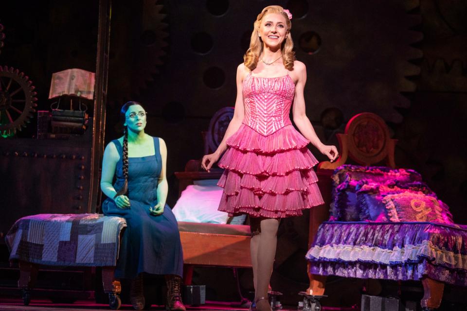 Olivia Valli as Elphaba and Celia Hottenstein as Glinda in the National Tour of "Wicked."