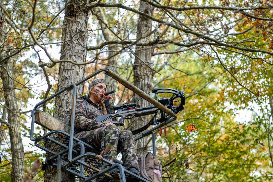 Fidelia Kurtz calls for deer in her hunting stand in Snow Hill on Thursday, Nov 8, 2018. 