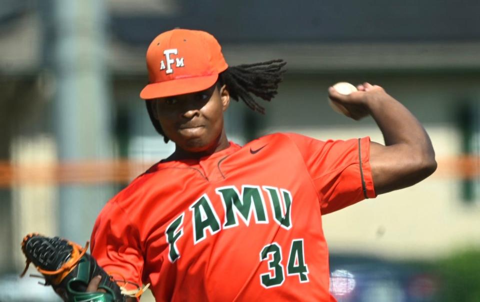 Florida A&M baseball pitcher Tre Simmons pitches in game against Eastern Illinois at Moore-Kittles Field in Tallahassee, Florida, Sunday, Feb. 19, 2023