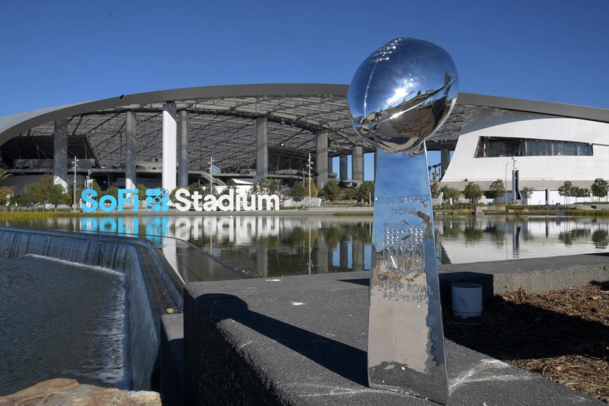 A general view of the Vince Lombardi trophy at SoFi Stadium and Lake Park. The facility will host Super Bowl XLVI on Feb. 13.