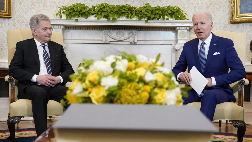 President Joe Biden meets with Finnish President Sauli Niinisto in the Oval Office of the White House, Friday, March 4, 2022, in Washington. (AP Photo/Patrick Semansky)