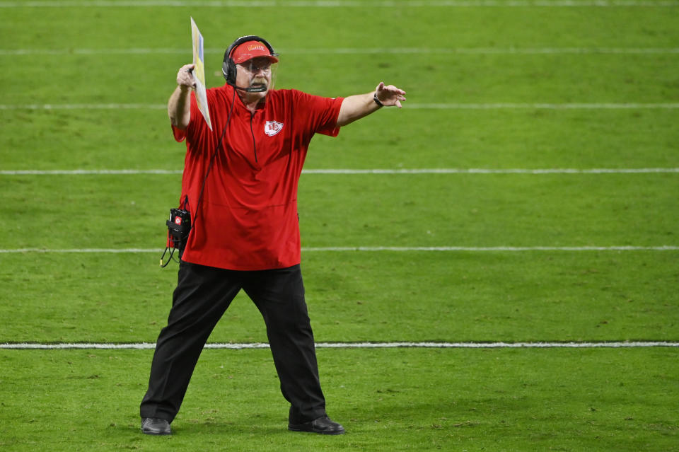 Kansas City Chiefs head coach Andy Reid reacts after a play against the Las Vegas Raiders during the second half of an NFL football game, Sunday, Nov. 22, 2020, in Las Vegas. (AP Photo/David Becker)