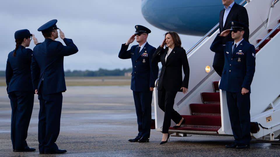 Harris and second gentleman Douglas Emhoff descend from Air Force Two at Joint Base Andrews in Maryland on July 22, 2024. - Erin Schaff/Pool/Reuters