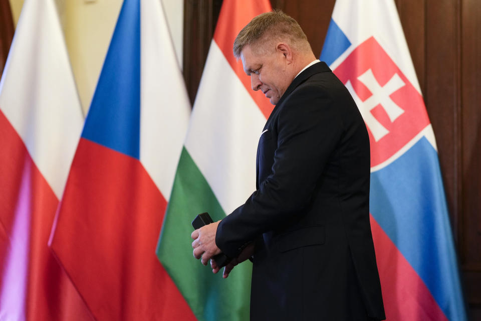 Slovakia's Prime Minister Robert Fico arrives for the V4 meeting in Prague, Czech Republic, Tuesday, Feb. 27, 2024. (AP Photo/Petr David Josek)