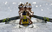 <p>The Michigan women’s varsity eight team compete during a semifinal race at the NCAA women’s college rowing championships, Saturday, May 27, 2017, at Mercer County Park in West Windsor, N.J. (Photo: Julio Cortez/AP) </p>
