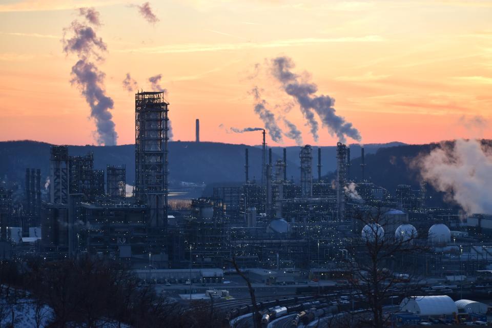 Shell's ethane cracker plant in Beaver County, Pennsylvania at sunset on Feb. 19, 2024.