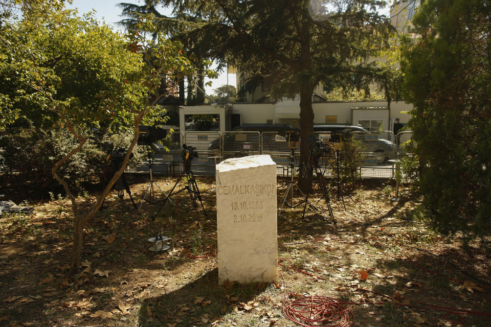 A monument for slain Saudi journalist Jamal Khashoggi is pictured near the Saudi Arabia consulate in Istanbul, marking the two-year anniversary of his death, Friday, Oct. 2, 2020. The gathering was held outside the consulate building, starting at 1:14 p.m. (1014 GMT) marking the time Khashoggi walked into the building where he met his demise. (AP Photo/Emrah Gurel)