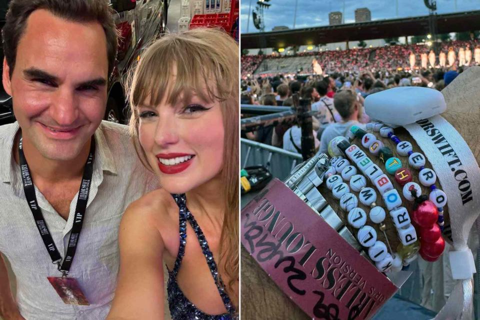 <p>Roger Federer/Instagram (2)</p> Roger Federer and Taylor Swift; Federer