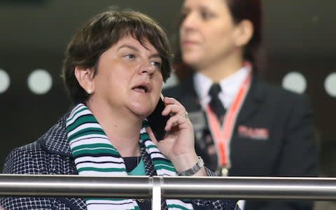 Leader of the DUP Arlene Foster talks on the phone as she attends the game - Credit: afp