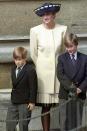 <p>A young Prince Harry and Prince William stand close to their mom, Princess Diana, in 1992 during the annual royal outing.</p>