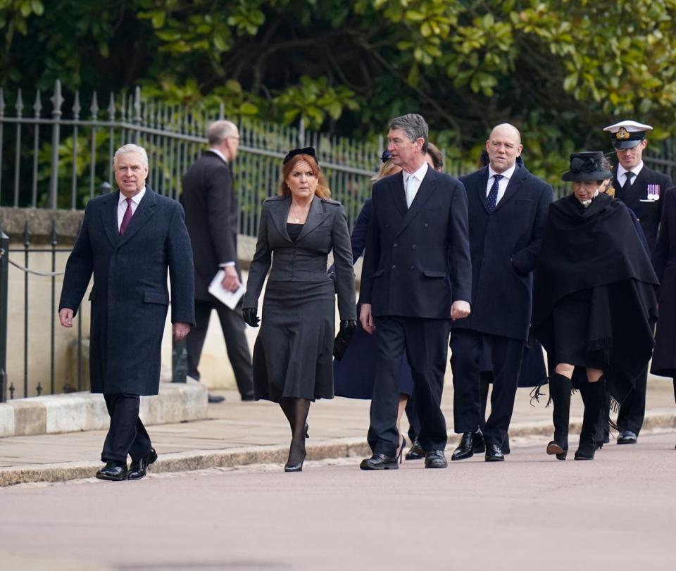 (Left to right) The Duke of York and Sarah, Duchess of York, Vice Admiral Sir Timothy Laurence, Mike Tindall and the Princess Royal, attend a thanksgiving service for the life of King Constantine of the Hellenes at St George's Chapel (Andrew Matthews/PA Wire)