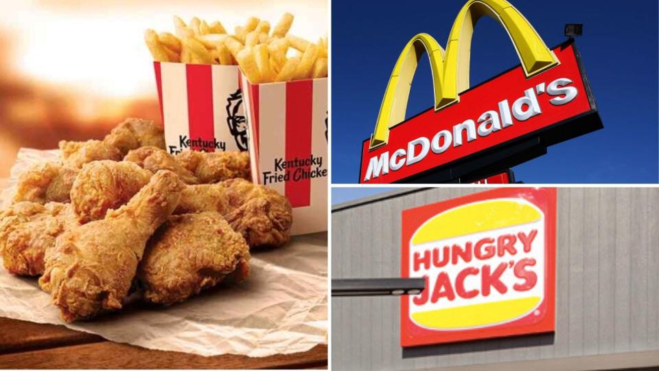 KFC's Dinner Box on the left, and McDonald's and Hungry Jack's on the right.