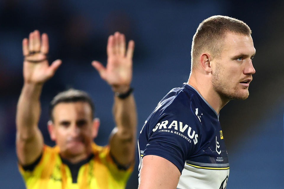 Coen Hess, pictured here after being sin-binned late in the Cowboys' loss to South Sydney.