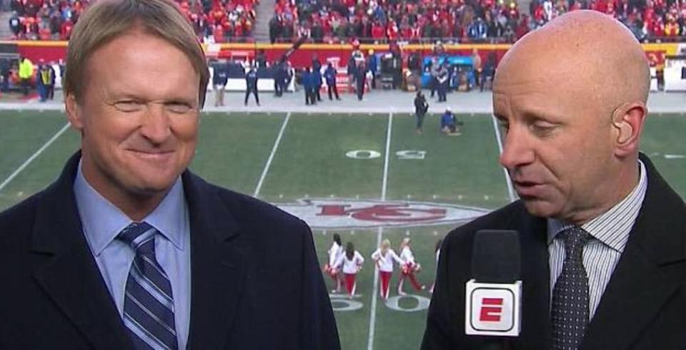 Sean McDonough was effusive in his praise of Jon Gruden, whom he says will be missed greatly as Gruden departs to coach the Oakland Raiders. (Screengrab)