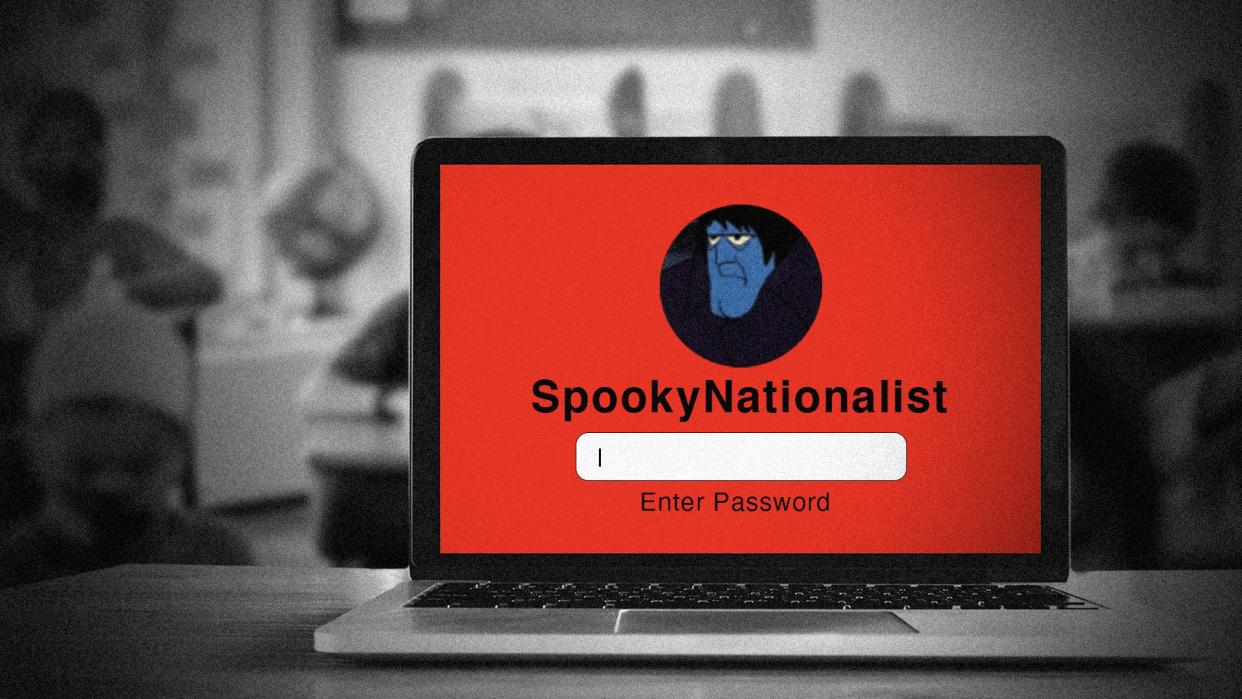 Benjamin Welton, an elementary school teacher in Massachusetts, leads a double life as a white nationalist writer, calling himself the "Spooky Nationalist."  (Photo: Illustration: Rebecca Zisser/HuffPost; Photos: Getty)