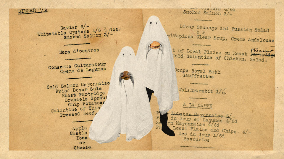  Photo collage of two people in homemade ghost costumes holding burgers. . 